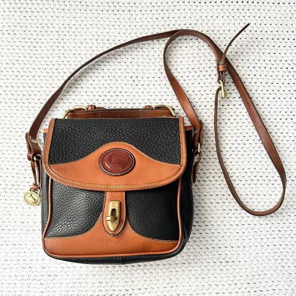 Dooney & Bourke Handbags - Dooney & Bourke Black Tan Square Carrier Crossbody Bag AWL Top Handle Brass Vtg